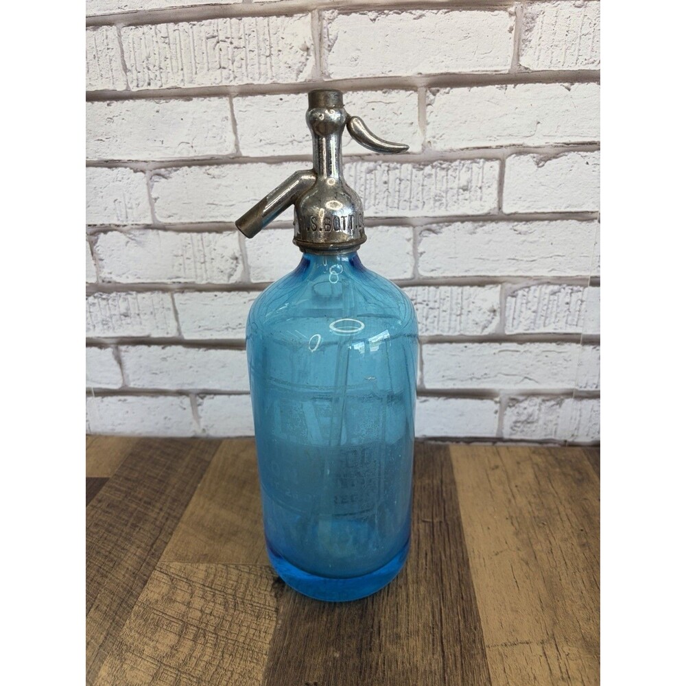 Blue Seltzer Bottle M.S. Bottling Co. Bronx New York #55 26 Oz Glass Straw